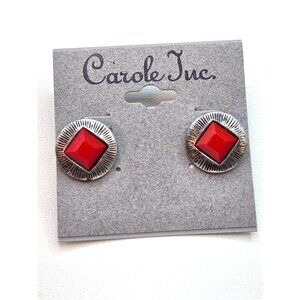 Carole Inc. Silver-Tone Earrings With Red Geometric Accent For Women
